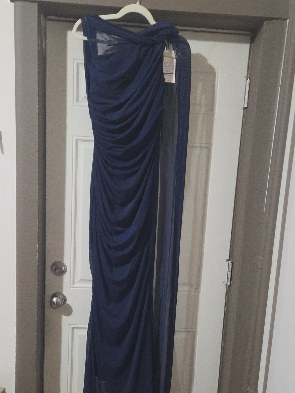 One-Shoulder Navy Blue Draped Evening Dress